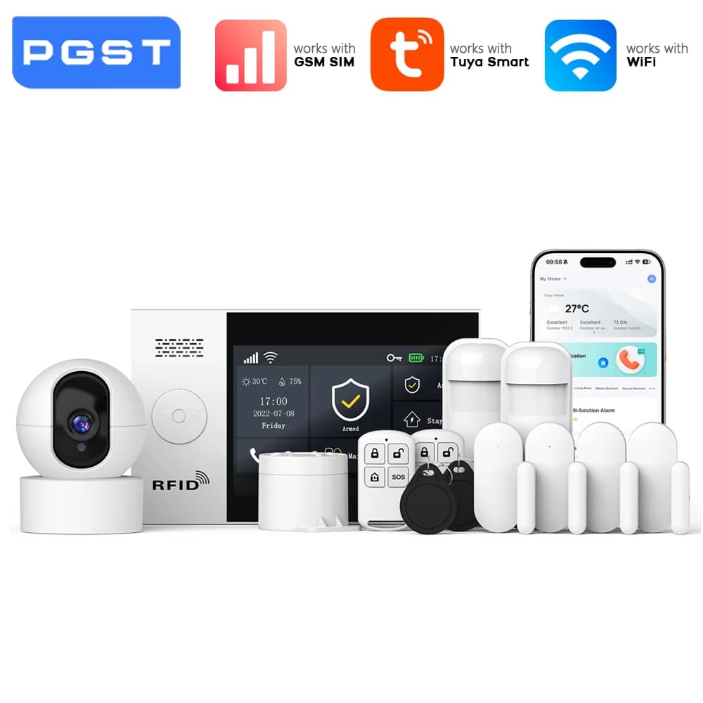 PGST Alarm System Tuya WiFi GSM, Wireless Security Kit with IP Camera 1080P, Anti-theft Movement Detector Compatible with Alexa and Google