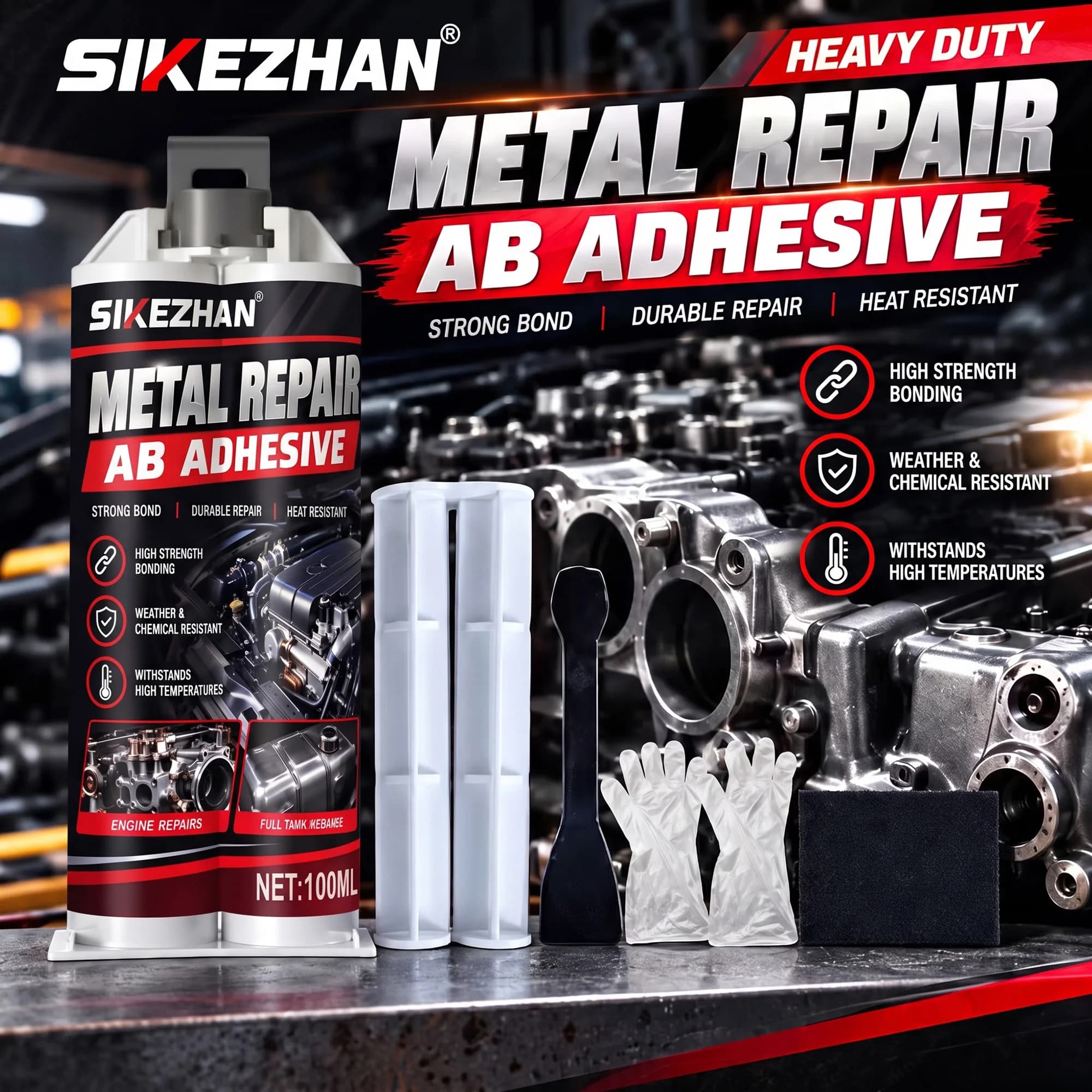 SIKEZHAN 100ml Heavy Duty Metal Repair AB Adhesive High Strength Heat Resistant Epoxy Glue for Engine Pipe Tank Crack Welding