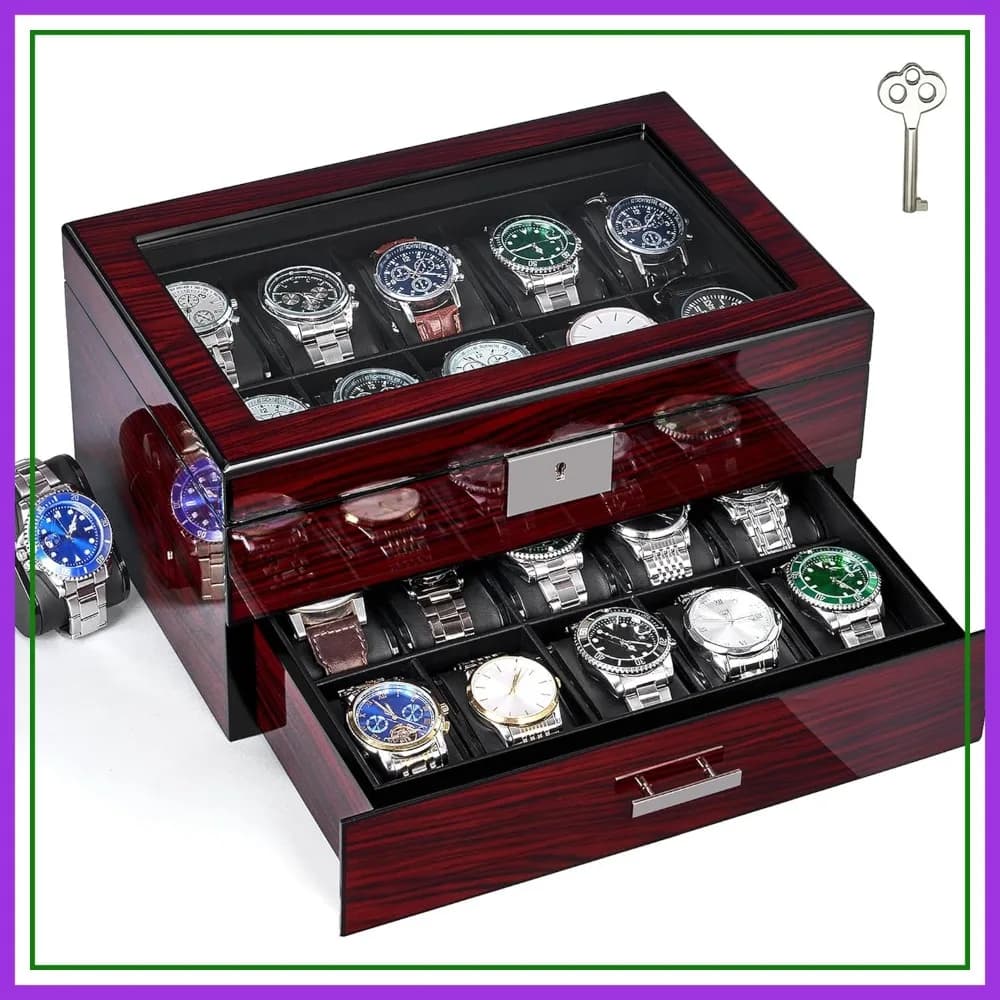 Scatola Porta Orologi con 20 Scomparti, Coperchio in Vetro, Espositore in Legno con Chiusura per Uomo