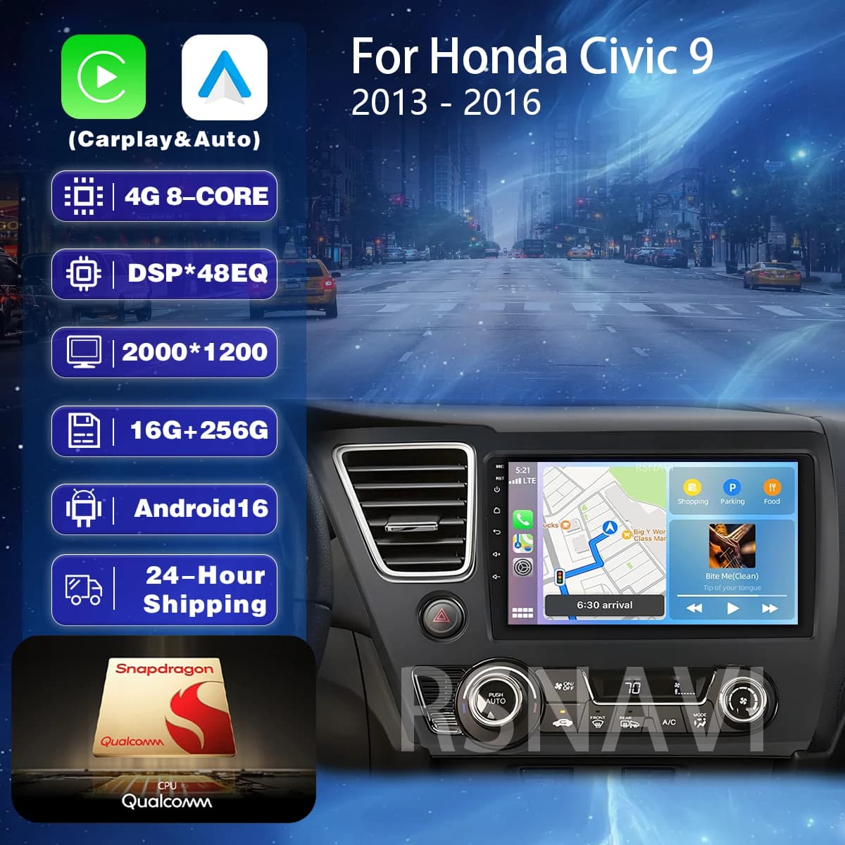 RSNAVI Android 16 Carplay Auto Car Radio Multimedia Player For Honda Civic 9 2013 - 2016 Navigation Autoradio GPS Stereo 2din