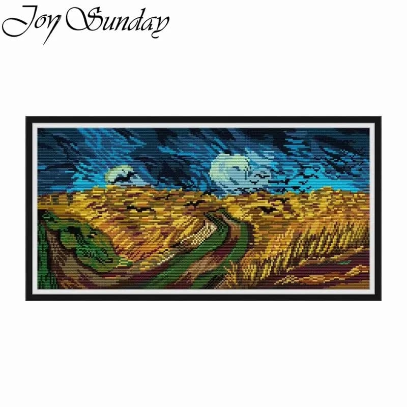 Wheat Field with Crows Flying Pattern Printed Cross-Stitch Kit 16/14/11CT Needlework Embroidery Kit Art Crafts Home Decor Gifts