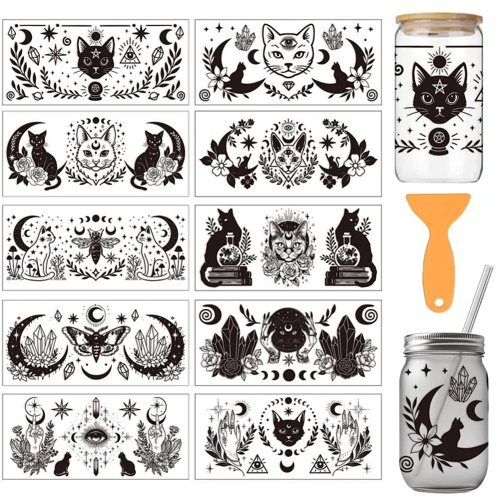 PVC DIY Heat Transfer Paper for UV Sublimation Cup Cat Shape 110x240mm 10 style 1pc/style 10pcs/set