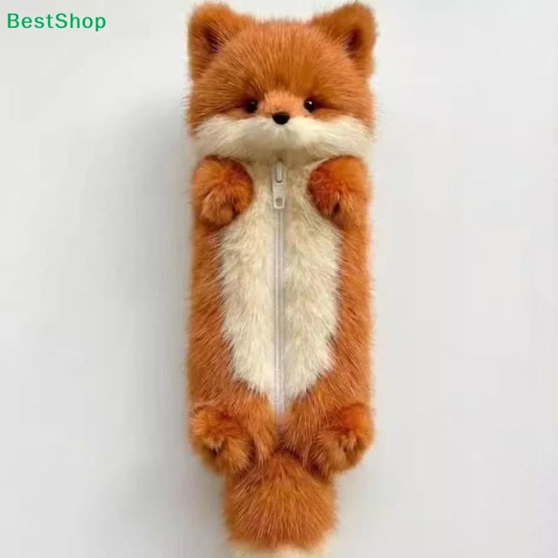 Cute Plush Fox Pencil Case,Fluffy Animal Stationery Pouch with Zipper,Kawaii Pen Bag for School,Office
