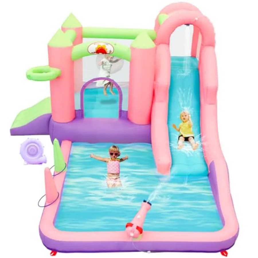 Scivolo d'Acqua Gonfiabile e Parco Acquatico con Soffiatore, Castello Gonfiabile 9 in 1 per Bambini dai 3 ai 6 Anni, Piscina con Trampolino e Canestro da Basket