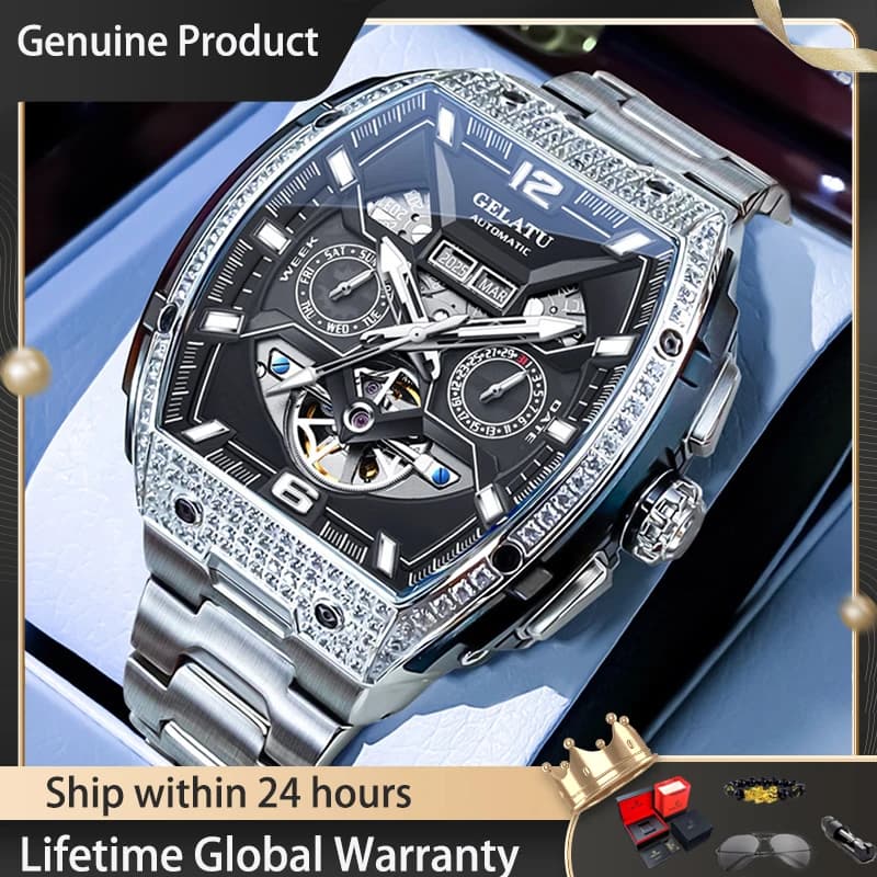 GELATU Orologio di Lusso da Uomo Originale Scheletrato Automatico Meccanico Orologi da uomo impermeabili in acciaio inossidabile da 50 m, regalo 6016