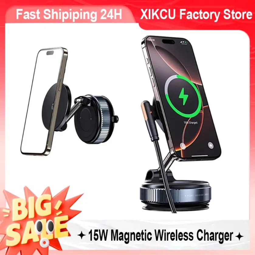 XIKCU Supporto per caricabatterie wireless magnetico per auto Supporto a ventosa per iPhone 16-12 Pro Max 360 ° Stazione di ricarica rapida a rotazione