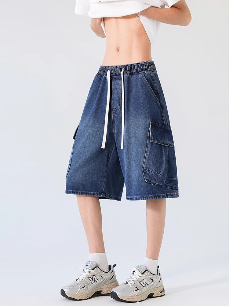 Pantaloncini Cargo da Uomo Estivi Larghi Multitasche Jeans Dritti con Coulisse Pantaloni da Lavoro Moto in Cotone Neri Blu alla Moda Nuovi