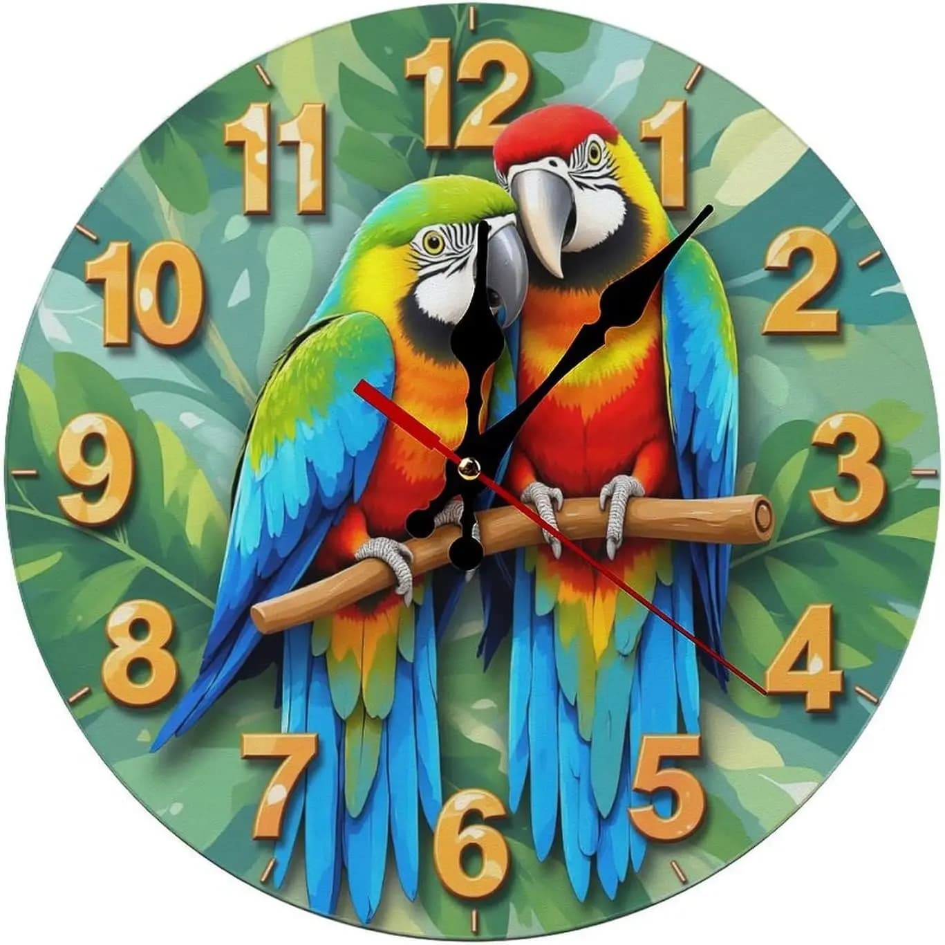 Orologio da Parete Silenzioso da 10 Pollici con Pappagalli Tropicali, Orologio Rotondo Senza Cornice in Legno con Movimento al Quarzo per Bagno, Cucina