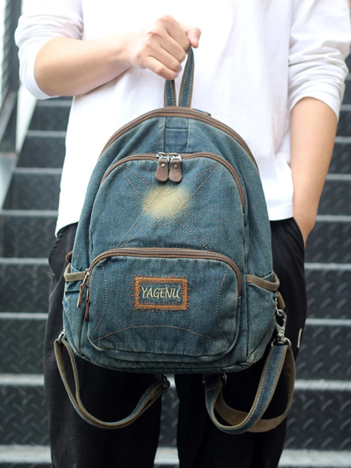 Retro Canvas Outdoor Travel Backpack Unisex Small Size Denim Shoulder Bag Youth Style Zipper Closure Soft Fabric Britsh Style