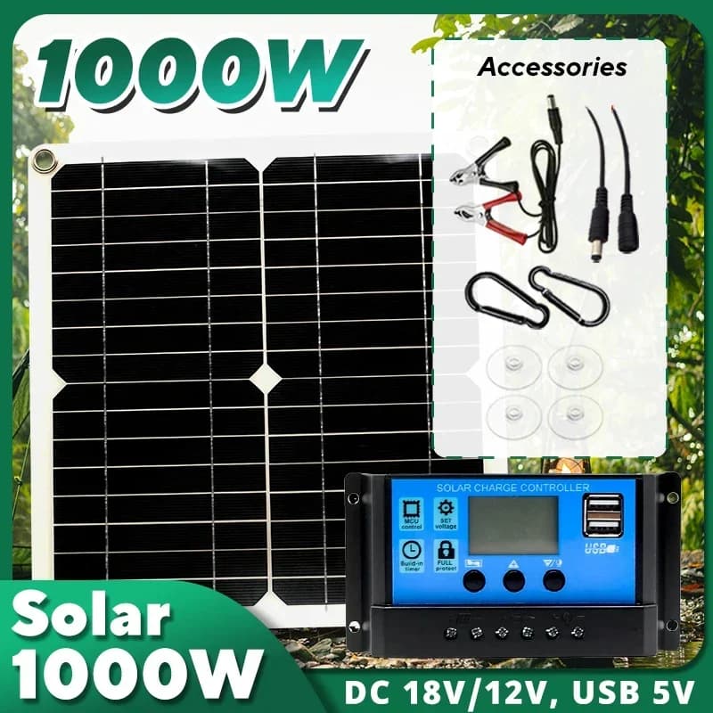 1000W Solar Panel Kit,12V Solar Cell 10A‑100A Controller, Portable Solar Charger for RV,Caravan,Home,Camping,Phone & Battery