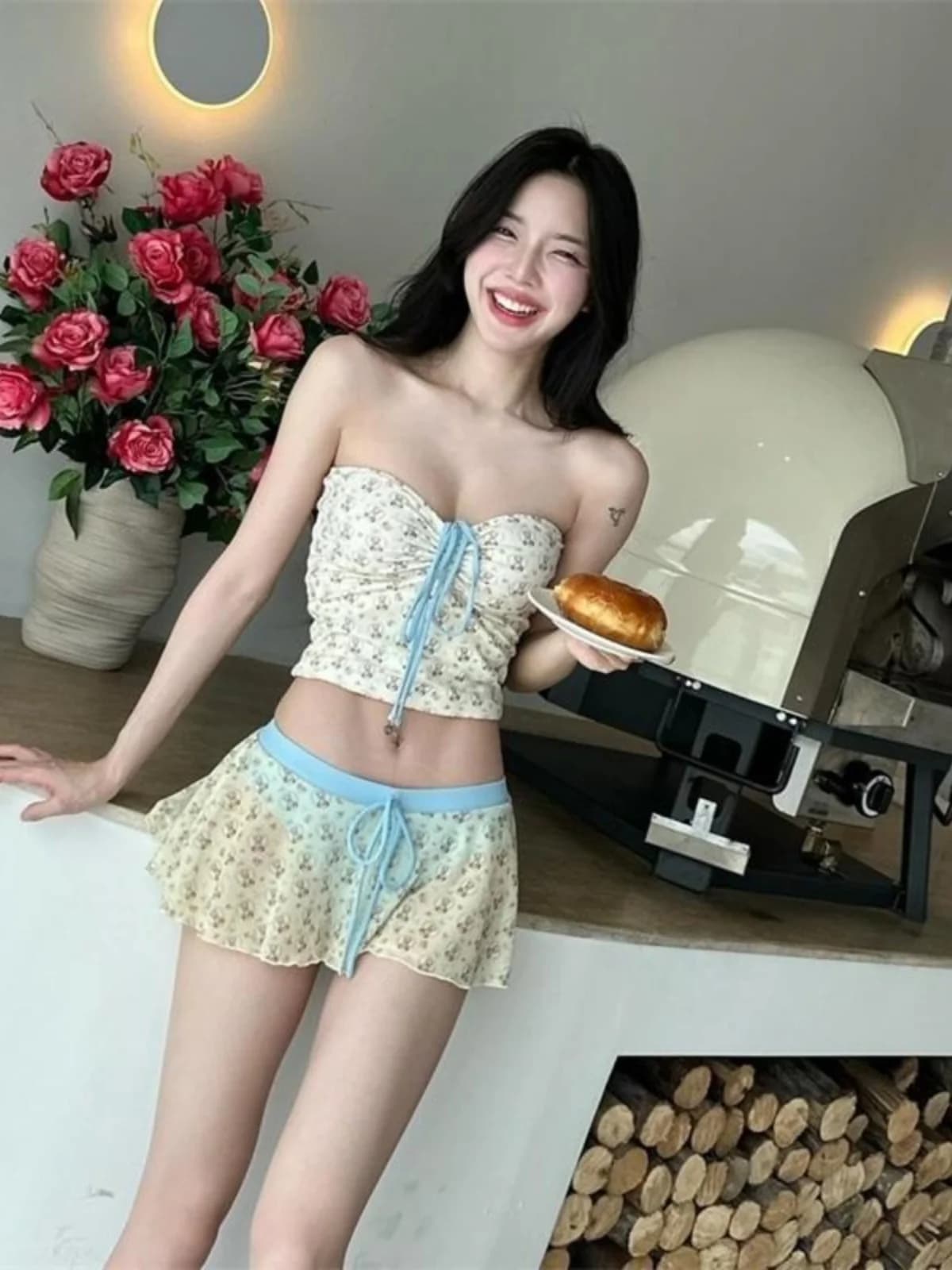 Women's Bikini Swimsuit Floral Print Three-Point Strapless Vestidos Thermal Spring Break Style Beach Vacation Polyester Fabric