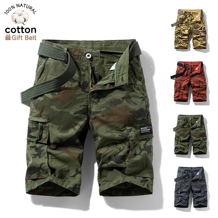 Men's Cargo Shorts Baggy Straight Knee Length Pants Multi-Pocket Khaki Work 100%Cotton Tactical Twill Camo Short Male Belt Gift