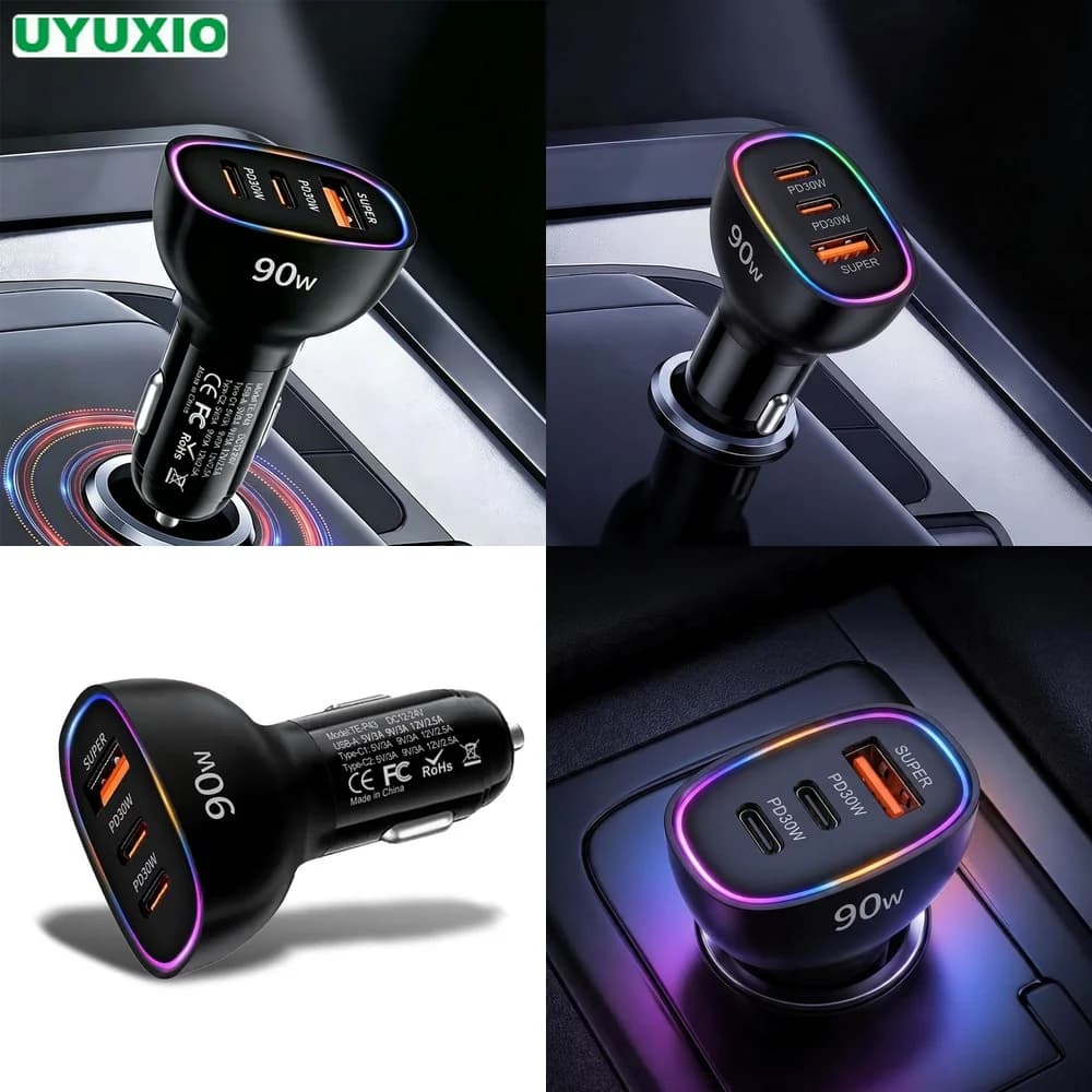 90W Car Charger Multi Port Super Fast Charging Dual PD 30W Type C USB A 3 in 1 Adapter for Laptop MacBook Phone PPS RGB Light