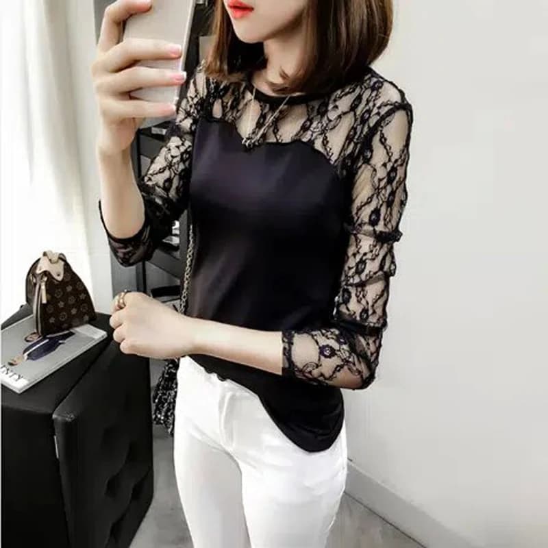 Sexy Mesh Lace Patchwork nero bianco Basic T Shirt donna autunno Casual Fashion Slim elegante manica lunga Club Top abbigliamento femminile