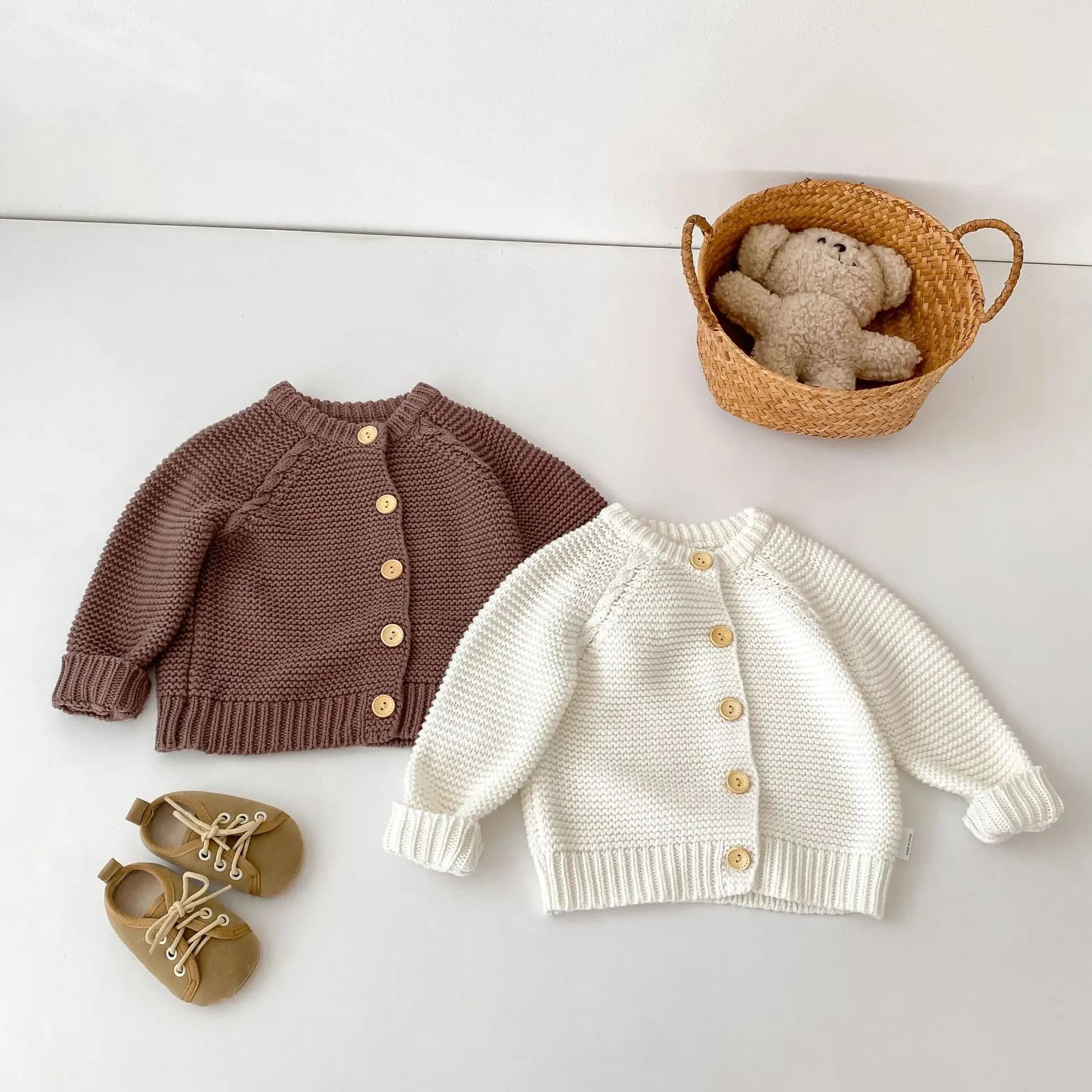 Autumn Cute Solid Color Knitted Long Sleeve Cardigan Sweater Coat Coarse Needle Round Neck Sweater