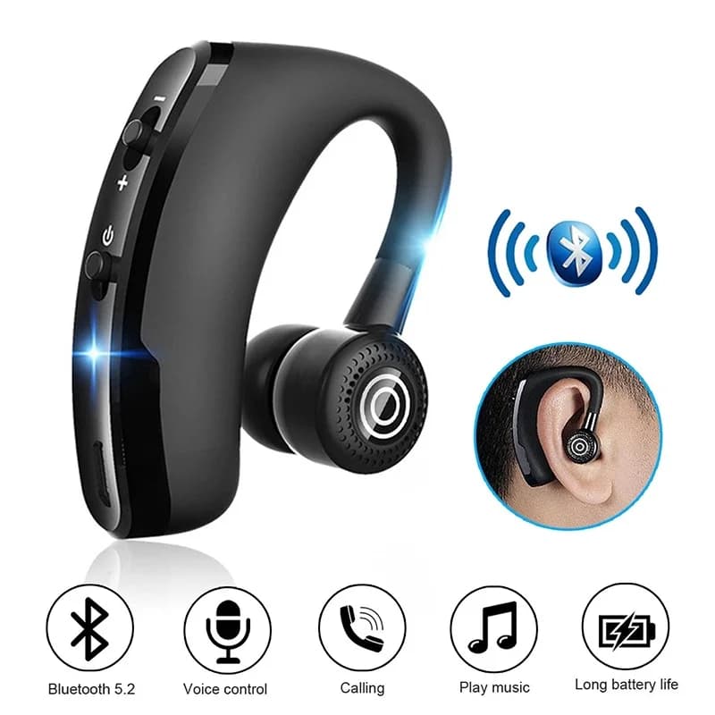 V9 Bluetooth Earphone Single Ear Hook Business Wireless Headset With HD Mic Handsfree For Mobile Phone Car Driver Office Meeting
