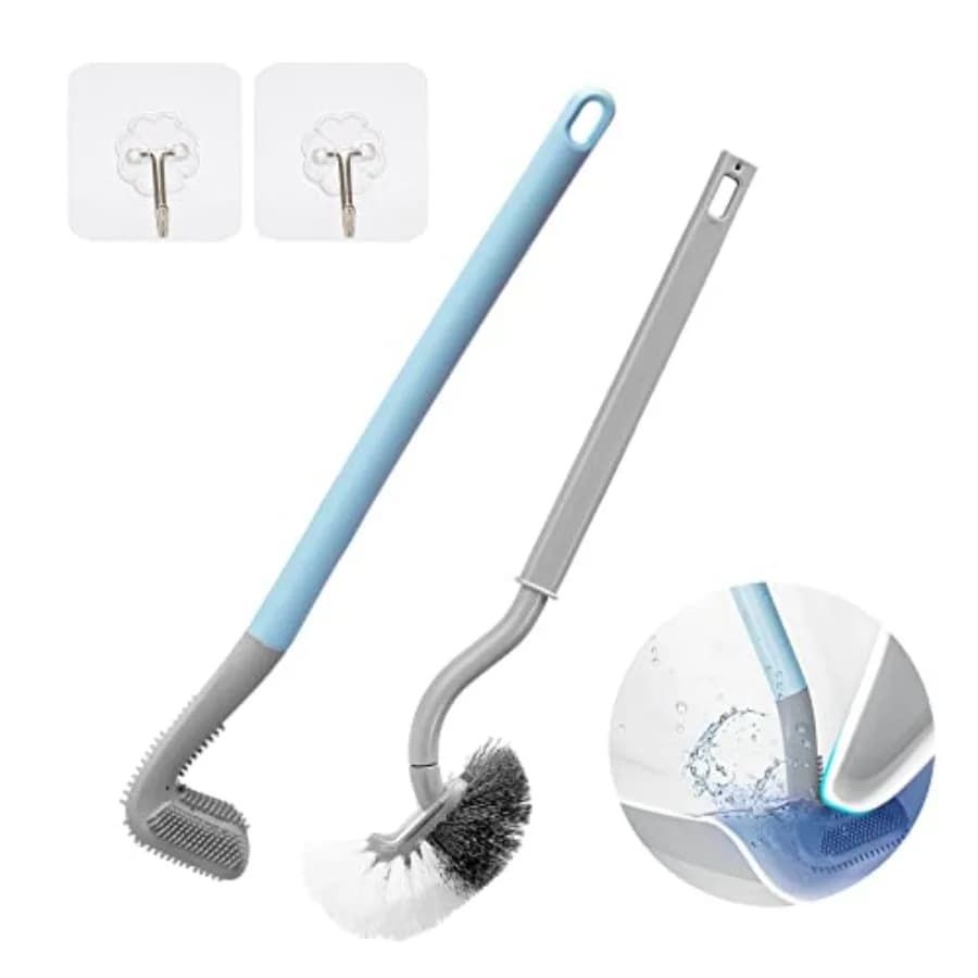 2Pcs Toilet Brush, Slim Compact Bathroom Toilet Scrubber No Dead Corners Silicone Toilet Brush, Curved Design Angled Toilet Cle