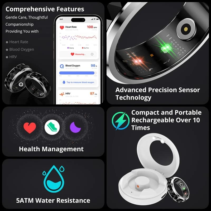 Anello intelligente R11, anello per alleviare l'ansia Fidget Spinner con custodia di ricarica per uomo, monitor per la salute e il sonno, impermeabile 5 ATM, D-A09I