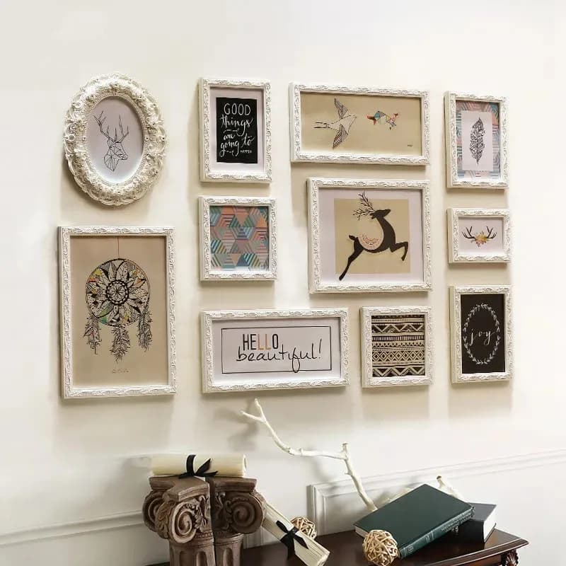 Sofa TV Background Wall Decorative Picture Frame White Engraved Photo Frame European Style Clock Wall Painting Combination
