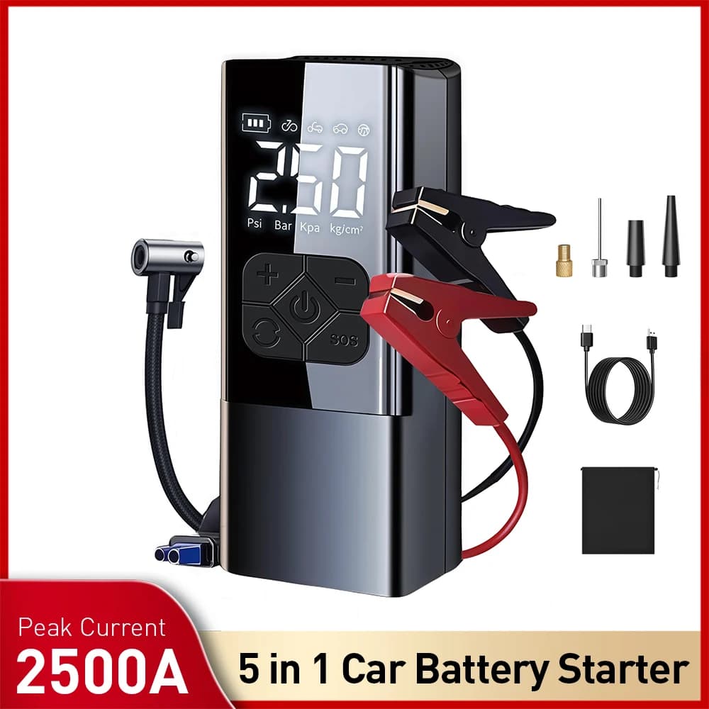 Avviatore d'Emergenza Professionale 2500A con Compressore d'Aria 150PSI, Power Bank e Caricabatterie Portatile per Auto