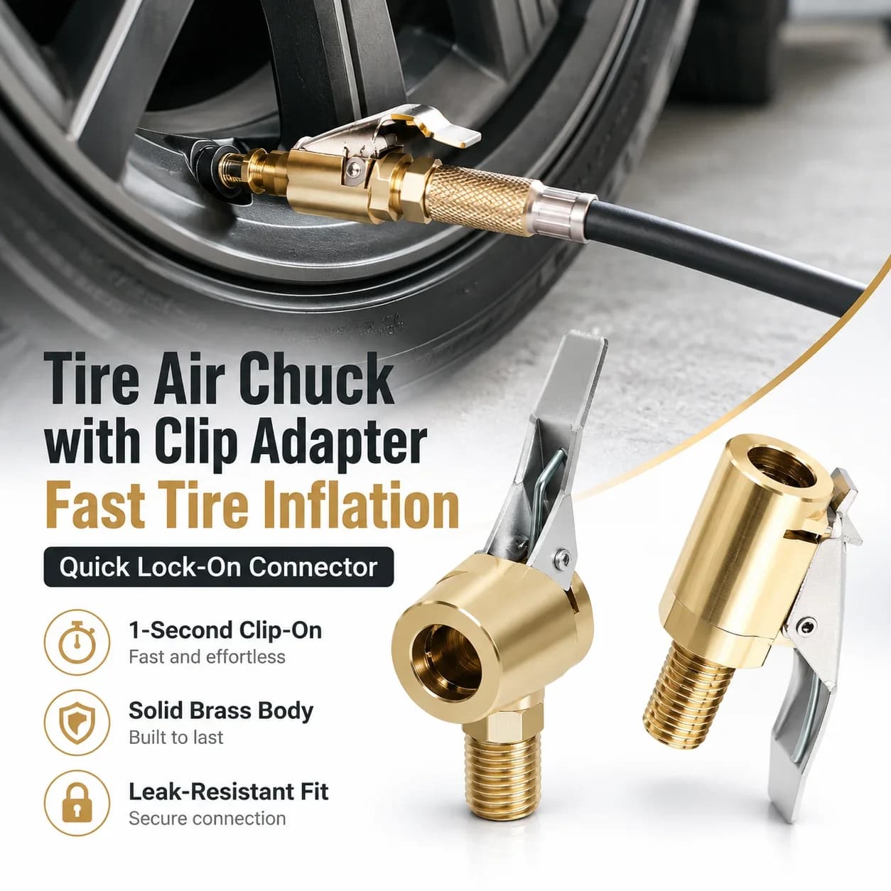 Lock On Air Chuck Adapter, Leak Free Clip On Tire Inflator Connector Fit Car Motorcycle Bike Truck Air Compressor Pump