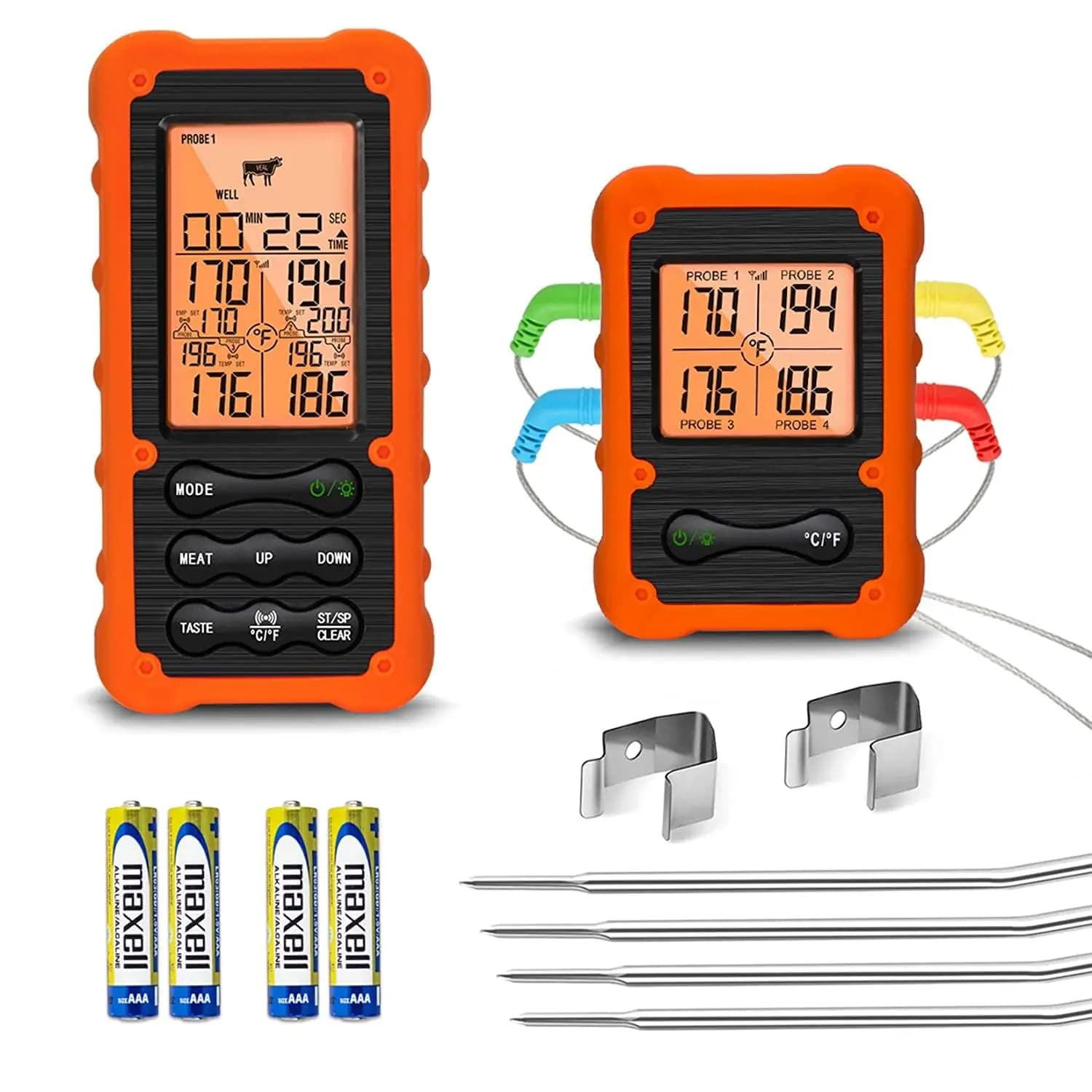 Digital Wireless Thermometer for Meat with 4 Grilled probes, Smoke and Use in Oven - Safe and Precise