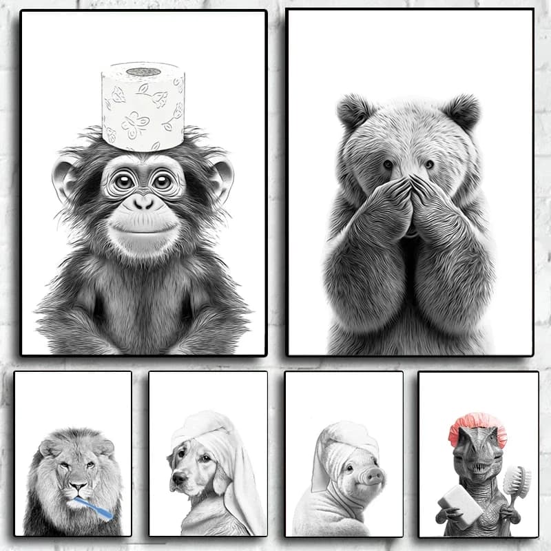 Cat Giraffe Dog Elephant Toilet Paper Bathtub Funny Bathroom Wall Art Poster Canvas Painting Living Room Bedroom Home Decor