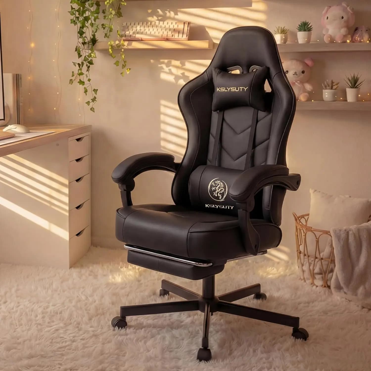 Sedia da Gaming Ergonomica con Schienale Alto, Cuscino a Molle Insacchettate, Poggiatesta e Poggiapiedi per Ufficio e Casa, Nera Personalizzabile