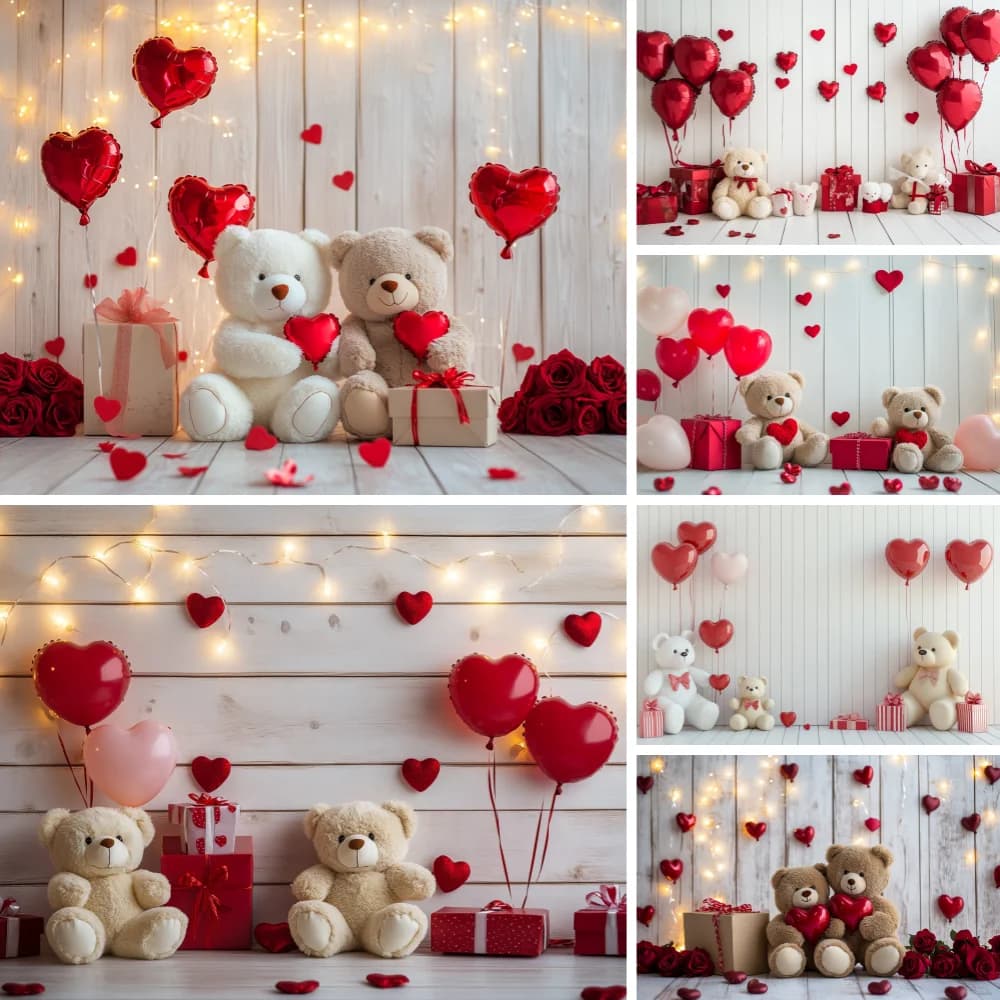 Valentines Decoration Backdrop for Photography Little Bear Background Couple Portrait Heart Balloon Drapes Curtain Photo