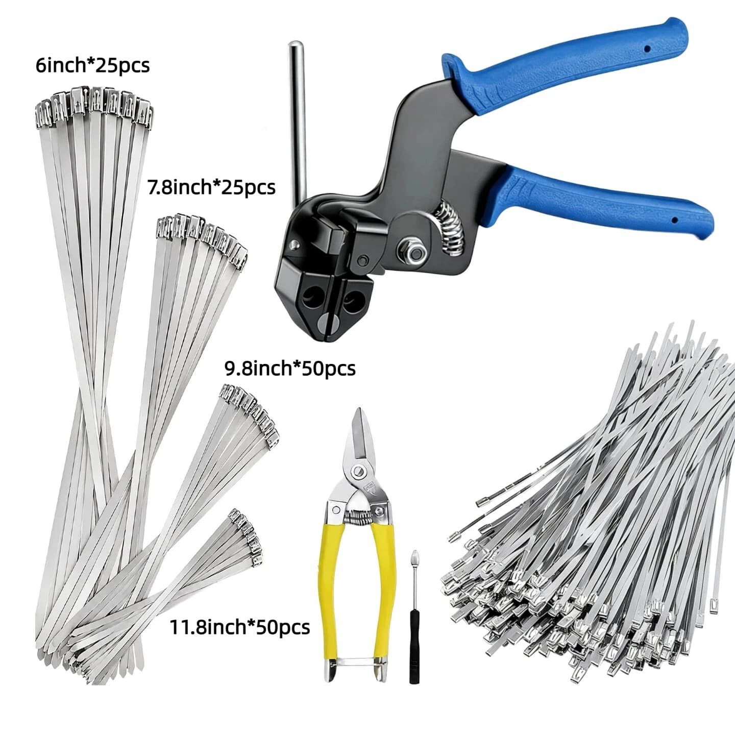 4 Sizes Stainless Steel Cable Tie Gun Set, Cable Tie Gun Kit, UV-Resistant Self-Locking Metal Zipper for Agricultural Fencing, Pipe Installation, Construction, and Automotive Applications – Heavy-Duty Fastening System