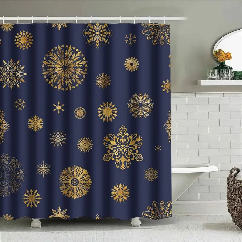 Lussuoso fiocco di neve dorato stampato blu tenda da doccia decorazioni per la casa scudo privacy impermeabile 72X84 pollici (183x213 cm)