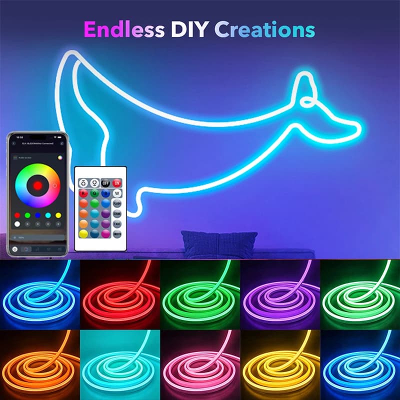 Striscia LED Neon Flessibile RGB Intelligente Bluetooth USB 5V con Sincronizzazione Musicale e Timer, Impermeabile, per Decorazioni Camera da Letto e Feste