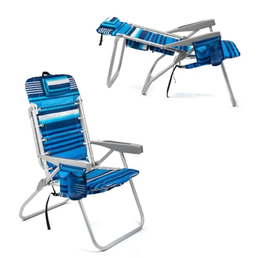 Sedia da spiaggia per esterni, tessuto in polipropilene, colore High Tide Blue, design alto pieghevole con 5 posizioni reclinabili, portasciugamani