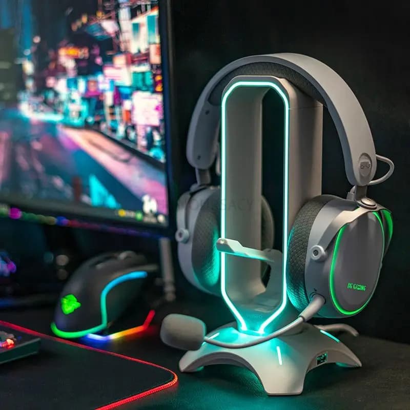 Supporto per cuffie da gaming RGB da scrivania con lampada colorata a LED, hub USB, clip luminosa per cavi, supporto multifunzionale per auricolari