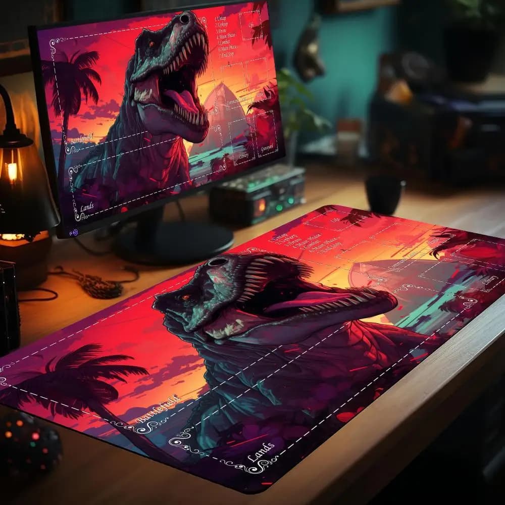Neon Aesthetic Dinosaur Theme MTG Playmat Magic Card Battle Mat With Stitched Edge Non-Slip Tapete Magic MTG Tabletop Playmat