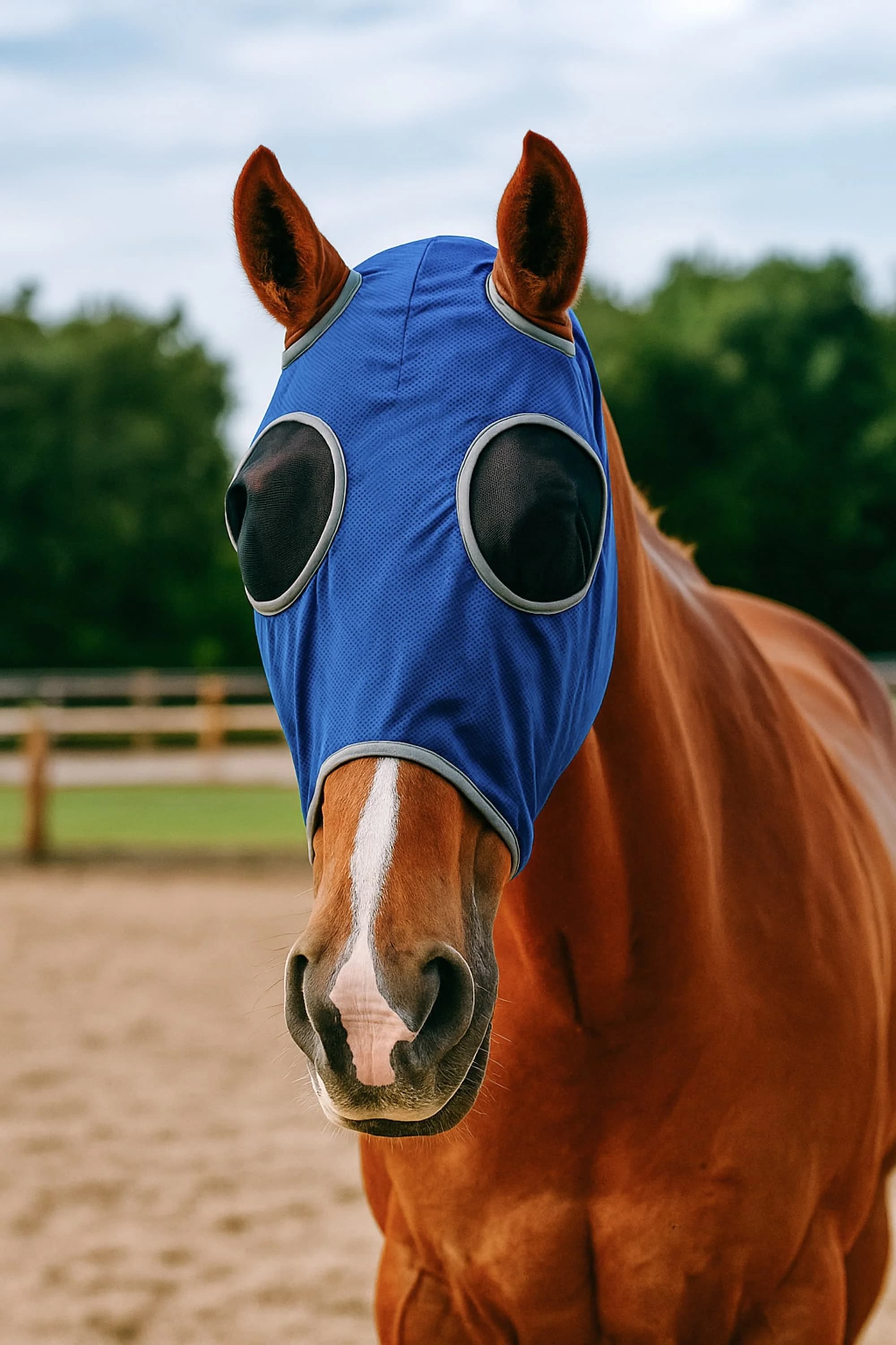 Mask for horses, equestrian equipment, mask for prevention of mosquito bites and insects, breathable belt in net, Velcro for easy application.