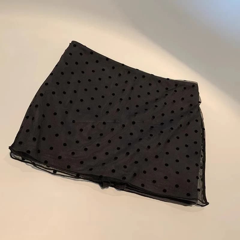 Gonna a Vita Alta Slim Fit a Linea A per Donna, Sexy Gonna in Pizzo Nero con Pois e Rete per Uso Casual