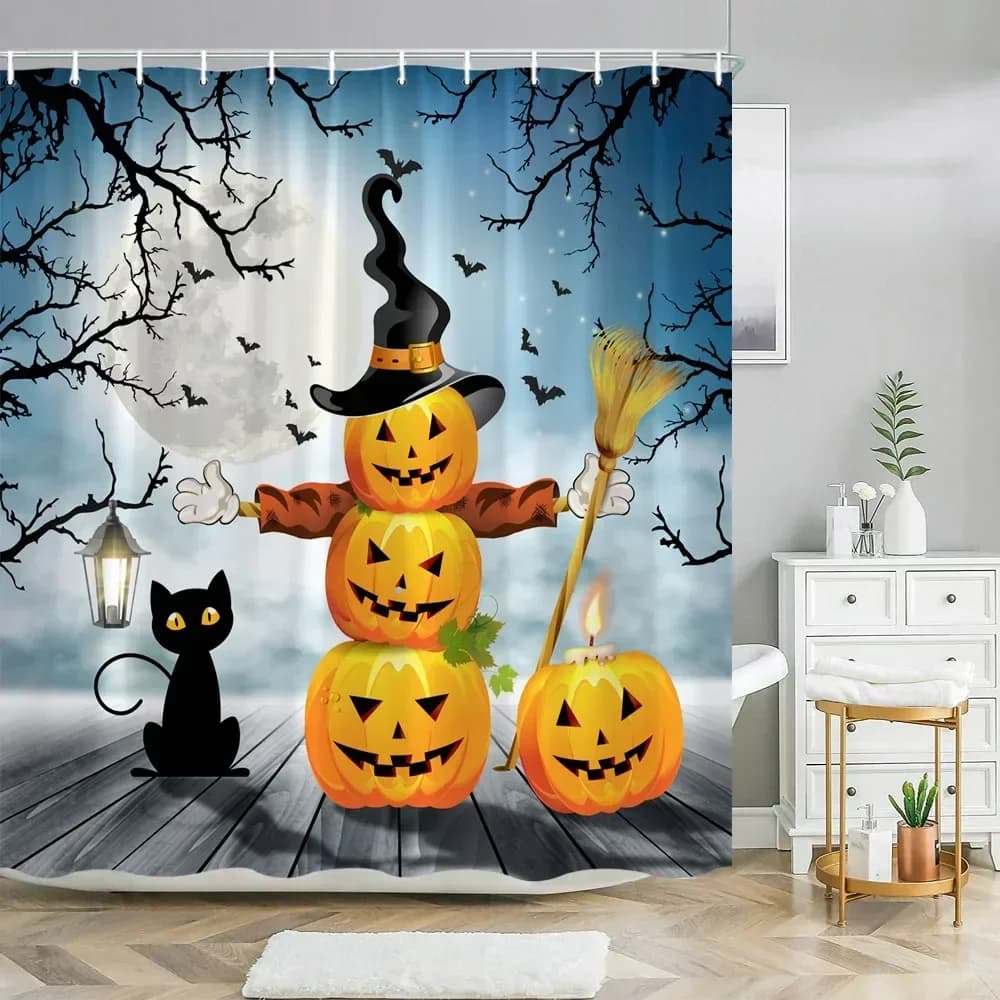 ~ O ~ Halloween Zucca Tende da bagno Cartone animato Simpatico divertente Cappello magico Fantasma Scopa Tende da bagno Decorazioni per feste Tenda da doccia Fab