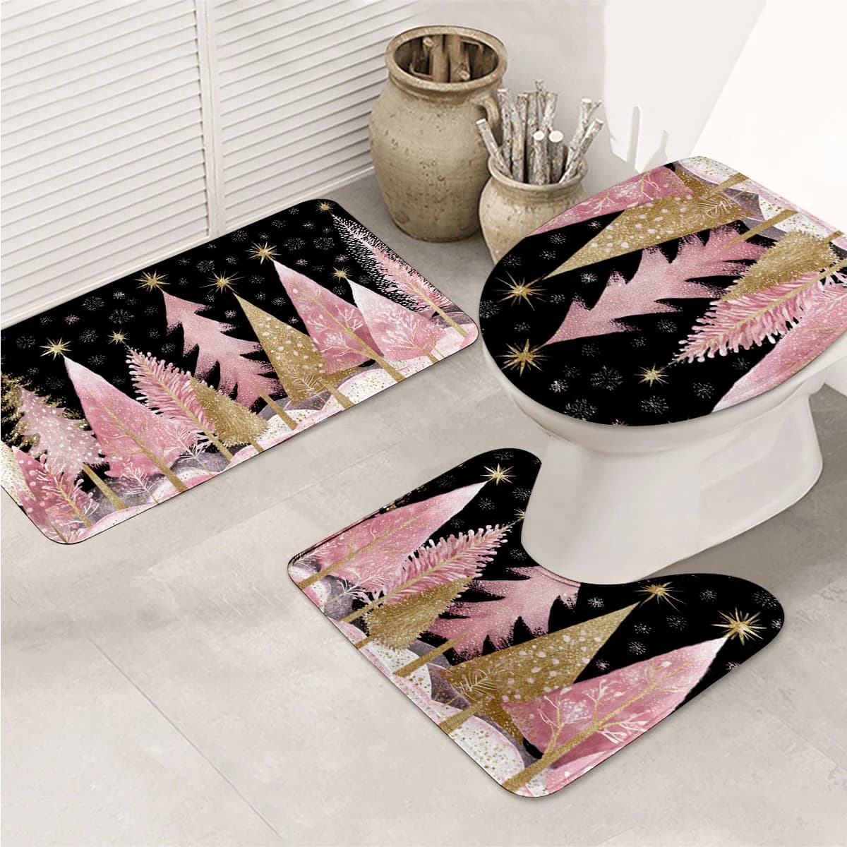 Set tappetino da bagno natalizio da 3 pezzi, decorazione a grappolo per albero di Natale rosa dorato, tappetino da bagno da 3 pezzi, cucina, bagno, camera da letto