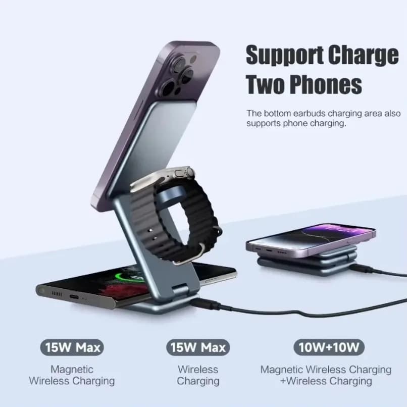 Foldable 3-in-1 Aluminum Alloy Magnetic Wireless Charger Stand Fast Charging Station for iPhone Watch Earbuds Travel Office Use