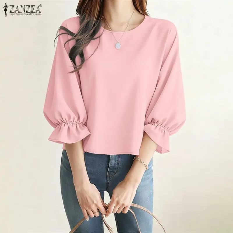ZANZEA Woman Minimalist 3/4 Puff Sleeves Blouses O-Neck Solid Color Pullover Tops Summer Elegant Daily Casual Blusas de Mujer