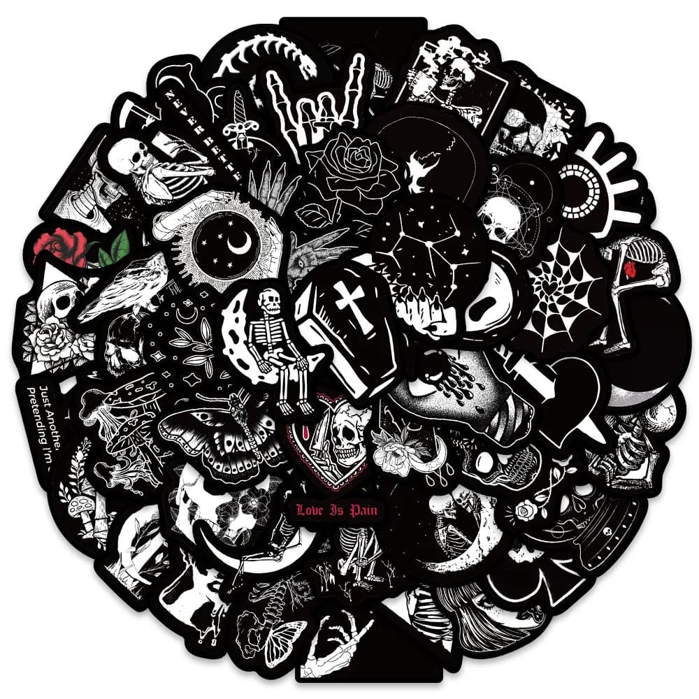 50 graffiti stickers with cool gothic dark punk skull for laptop, phone, guitar, luggage, diary, waterproof vinyl decals