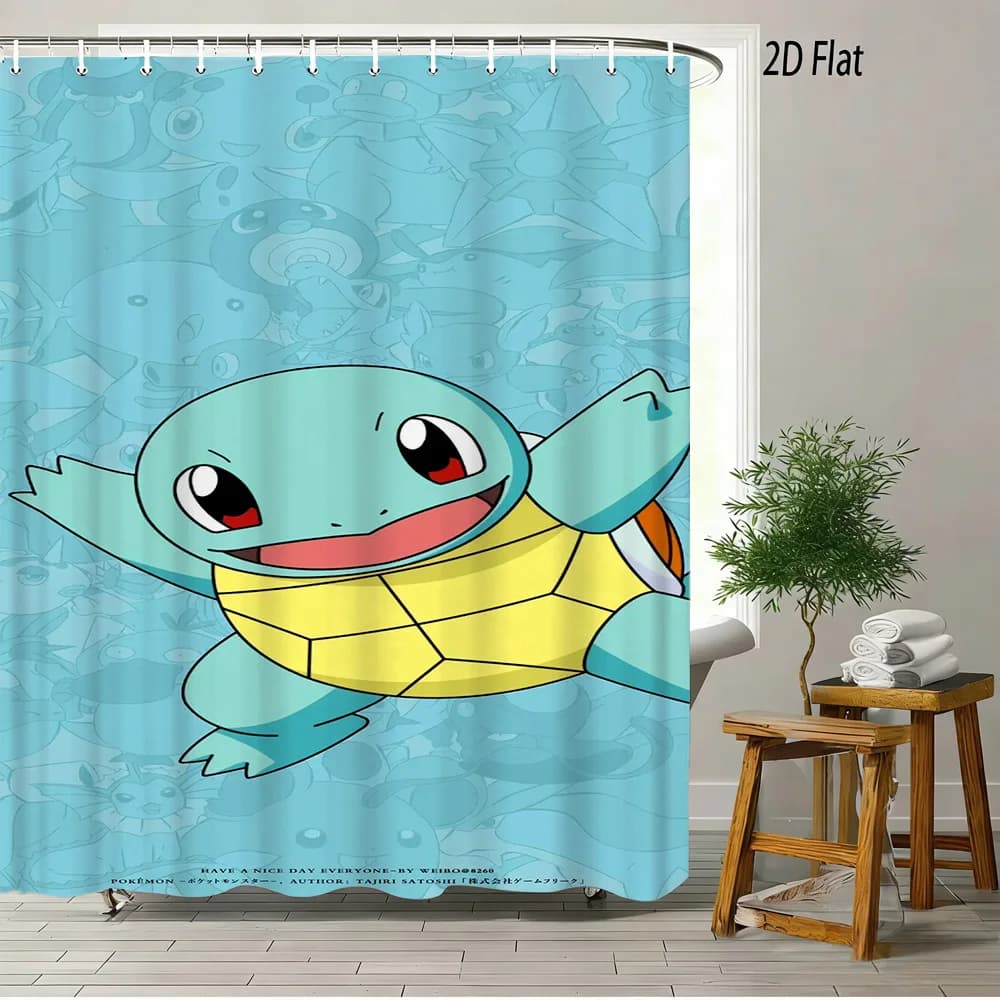 Tenda da Doccia 2D Piatta con Pokemon Squirtle, Tipo Acqua, Cartone Animato Carino per Bagno