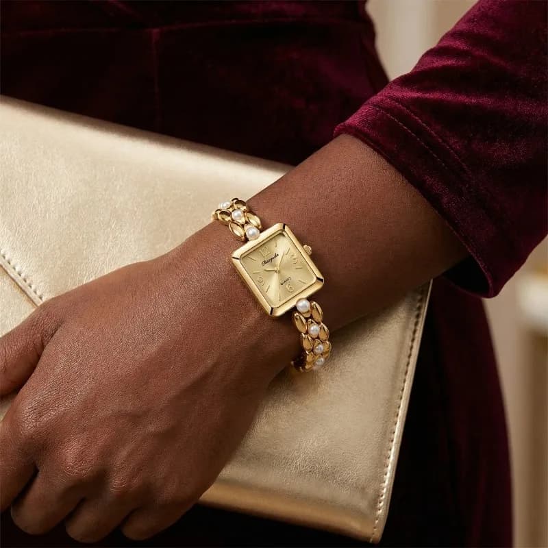 Women's Watch Luxury Golden, Elegant With Rectangular Dial, Women's Vintage Quartz Wrist Watch, Elegant Women's Watch, Women's Playground