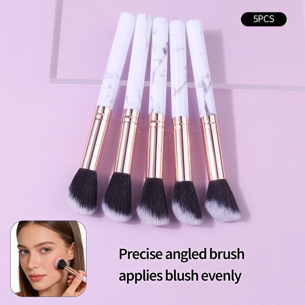 5 pennelli morbidi con motivo marmorizzato, pennelli angolati per blush, pennelli per sfumature, pennelli per contorni e pennelli per trucco multifunzionali