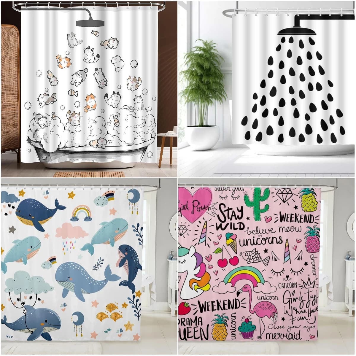 Cartoon Bathing Animal Print tenda da doccia Cute Cats Whale Unicorn Graffiti dipinti a mano Kid Child bagno Decor tenda da bagno