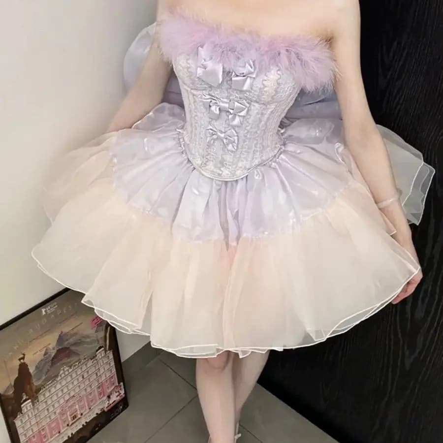 MAGOGO Lolita Sexy Sweet Spice Girl Gonne Set Fiocco puro Temperamento sottile Piuma Top senza maniche Y2k Puffy Mini gonna principessa