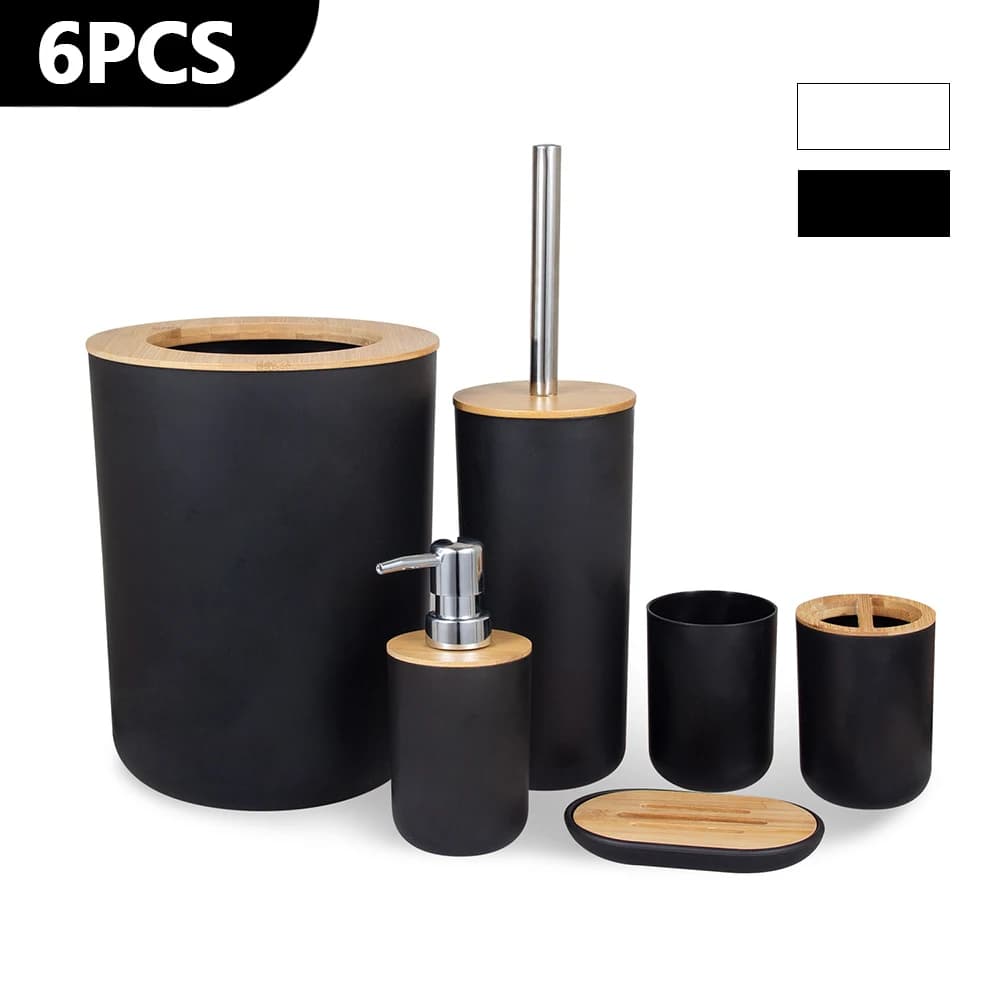 6pcs/set Soap Dispenser Box Toilet Brush Lotion Bottle Trash Can Bamboo Plastic Bathroom Storage Set Toothbrush Cup HolderJJ2268