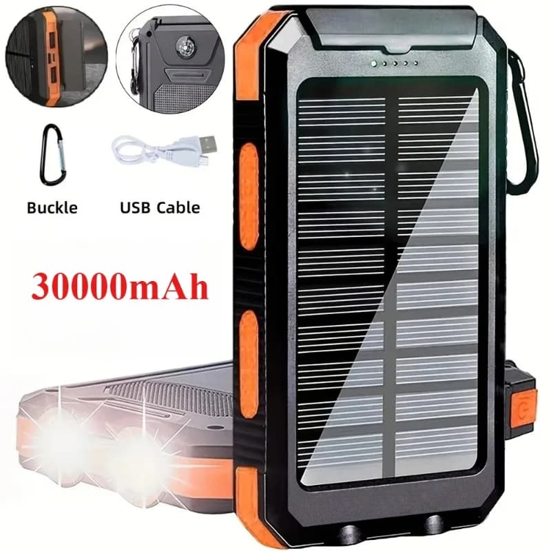Nuovo Power Bank Solare da 30000mAh, Caricabatterie Portatile, Batteria Esterna con Luce LED Potente per Tutti gli Smartphone