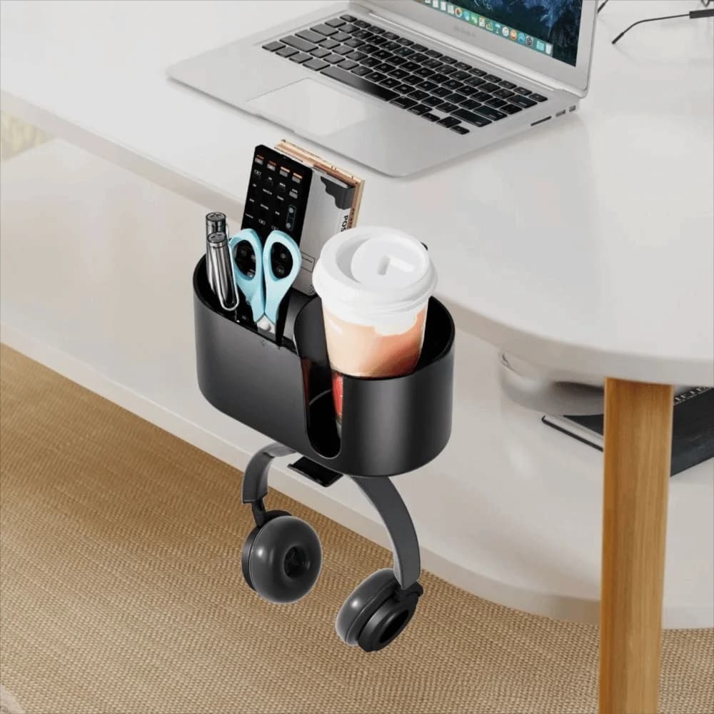 Portabicchieri da scrivania in lega di alluminio Design con morsetto Portabicchieri con clip in plastica ABS Organizzatore multifunzionale Nero 2 in 1 da scrivania